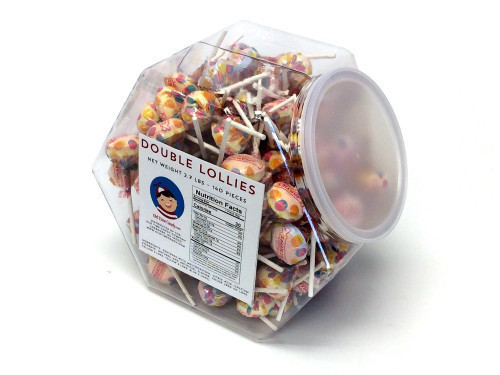 Double Lollies are lollipops from the makers of Smarties. Each wrapped piece has 2 flavors - orange/lemon or cherry/blue raspberry. They are about 1 inch in diameter. This plastic, reusable tub has about 140 pieces and measures over 7 inches high, 8 inche #candy