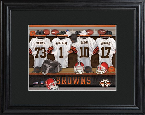 Framed Cleveland Browns print includes choice of personalization on one of the pictured jerseys. Join the Cleveland Browns with our Official Licensed NFL locker room photo. Framed and matted in black, this colorful photo features authentic Cleveland Brown #sports