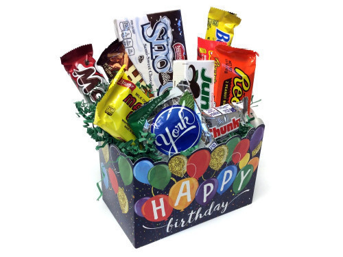 Chocolate Lovers Gift Boxes in 8 colorful styles including Happy Birthday, Thank You and more.A typical assortment includes one each of the following full-size candy bars: 100 Grand, Butterfinger, Chunky, Heath, Mallo Cup, Mounds, Junior Mints, Reese's Cu #candy
