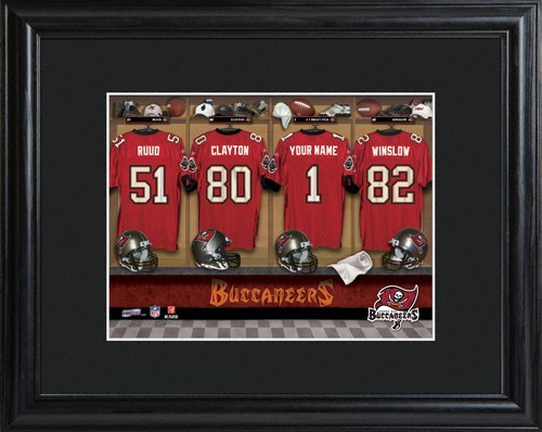 Framed Tampa Bay Buccaneers print includes choice of personalization on one of the pictured jerseys. Join the Tampa Bay Buccaneers with our Official Licensed NFL locker room photo. Framed and matted in black, this colorful photo features authentic Tampa B #sports