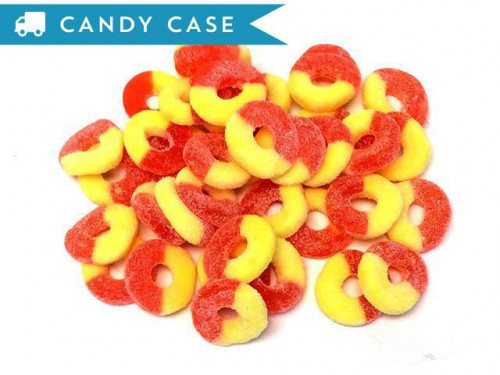 These gummies are coated with sour sugar and combine two of the best flavors in one delicious treat. One side features a ripe and juicy peach flavor, while the other features a sweet marshmallow taste. Each ring is 1.5 inches in diameter. Bulk candy count #candy