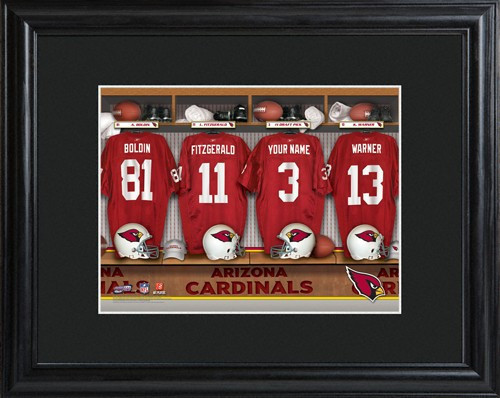 Framed Arizona Cardinals print includes choice of personalization on one of the pictured jerseys. Join the Arizona Cardinals with our Official Licensed NFL locker room photo. Framed and matted in black, this colorful photo features authentic Arizona Cardi #sports