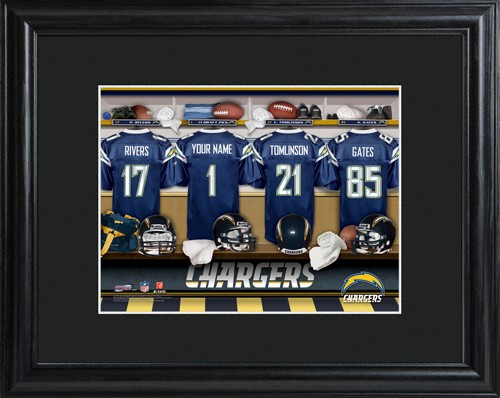 Framed San Diego Chargers print includes choice of personalization on one of the pictured jerseys. Join the San Diego Chargers with our Official Licensed NFL locker room photo. Framed and matted in black, this colorful photo features authentic San Diego C #sports