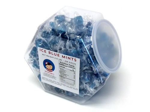 Ice Blue Mint Squares by Primrose are individually wrapped, peppermint hard candies. The plastic, reusable tub measures over 7 inches high, 8 inches wide and 5 inches deep. This mouth is 4.5 inches in diameter. Bulk candy counts are approximated. Orders p #candy