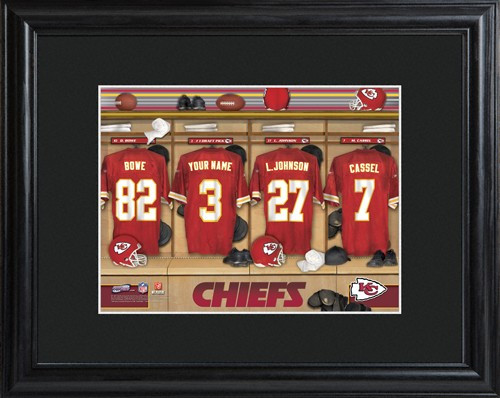 Framed Kansas City Chiefs print includes choice of personalization on one of the pictured jerseys. Join the Kansas City Chiefs with our Official Licensed NFL locker room photo. Framed and matted in black, this colorful photo features authentic Kansas City #sports