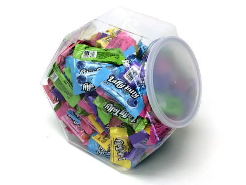 A delicious mixture of your favorite bit-size Laffy Taffy. The mixture includes 6 of the most popular flavors; Banana, Blue Raspberry, Cherry, Grape, Strawberry, and Sour Apple. This plastic, reusable tub measures over 7 inches high, 8 inches wide and 5 i #candy