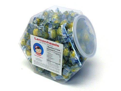 Large 3/4 inch wrapped Lemonheads are panned candies with an tart lemon flavor and one of the first sour candies made. This plastic, reusable tub has about 140 pieces and measures over 7 inches high, 8 inches wide and 5 inches deep. The mouth is 4.5 inche #candy