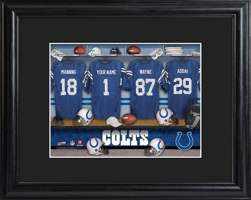 Framed Indianapolis Colts print includes choice of personalization on one of the pictured jerseys. Join the Indianapolis Colts with our Official Licensed NFL locker room photo. Framed and matted in black, this colorful photo features authentic Indianapoli #sports