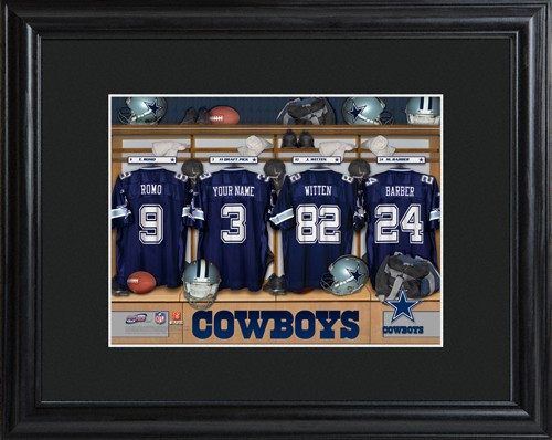 Framed Dallas Cowboys print includes choice of personalization on one of the pictured jerseys. Join the Dallas Cowboys with our Official Licensed NFL locker room photo. Framed and matted in black, this colorful photo features authentic Dallas Cowboys jers #sports
