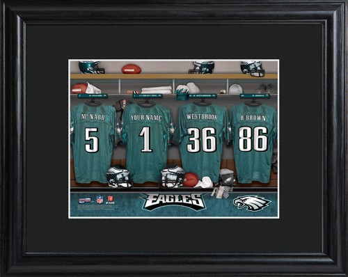 Framed Philadelphia Eagles print includes choice of personalization on one of the pictured jerseys. Join the Philadelphia Eagles with our Official Licensed NFL locker room photo. Framed and matted in black, this colorful photo features authentic Philadelp #sports