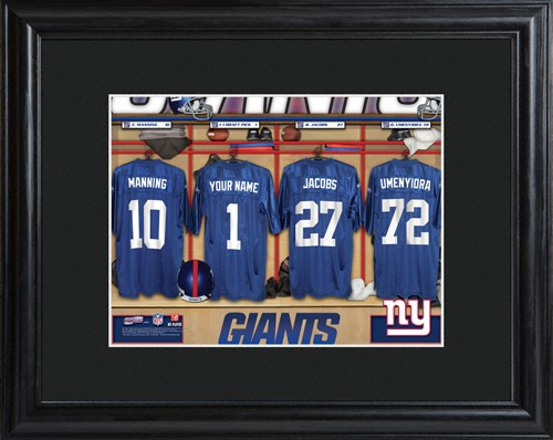 Framed New York Giants print includes choice of personalization on one of the pictured jerseys. Join the New York Giants with our Official Licensed NFL locker room photo. Framed and matted in black, this colorful photo features authentic New York Giants j #sports