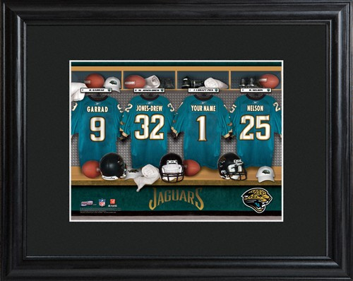 Framed Jacksonville Jaguars print includes choice of personalization on one of the pictured jerseys. Join the Jacksonville Jaguars with our Official Licensed NFL locker room photo. Framed and matted in black, this colorful photo features authentic Jackson #sports