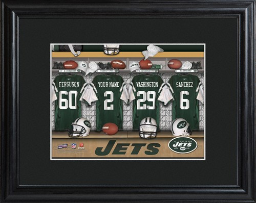 Framed New York Jets print includes choice of personalization on one of the pictured jerseys. Join the New York Jets with our Official Licensed NFL locker room photo. Framed and matted in black, this colorful photo features authentic New York Jets jerseys #sports