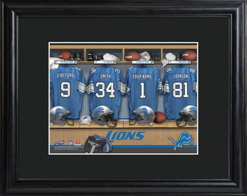 Framed Detroit Lions print includes choice of personalization on one of the pictured jerseys. Join the Detroit Lions with our Official Licensed NFL locker room photo. Framed and matted in black, this colorful photo features authentic Detroit Lions jerseys #sports