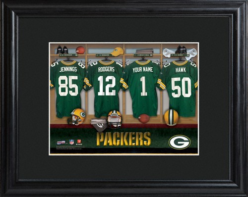 Framed Green Bay Packers print includes choice of personalization on one of the pictured jerseys. Join the Green Bay Packers with our Official Licensed NFL locker room photo. Framed and matted in black, this colorful photo features authentic Green Bay Pac #sports