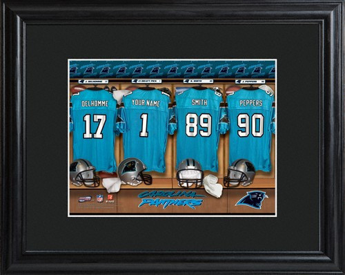Framed Carolina Panthers print includes choice of personalization on one of the pictured jerseys. Join the Carolina Panthers with our Official Licensed NFL locker room photo. Framed and matted in black, this colorful photo features authentic Carolina Pant #sports