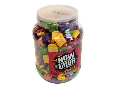 These Now and Laters are individually wrapped pieces of hard taffy, some for now and some for later. A 60 oz plastic tub contains about 385 individually wrapped squares which are about 1 inch across. The five flavors are grape, cherry, banana, strawberry #candy