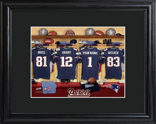 Framed New England Patriots print includes choice of personalization on one of the pictured jerseys. Join the New England Patriots with our Official Licensed NFL locker room photo. Framed and matted in black, this colorful photo features authentic New Eng #sports