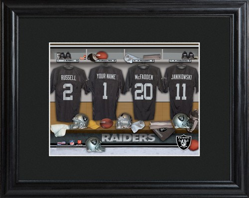 Framed Oakland Raiders print includes choice of personalization on one of the pictured jerseys. Join the Oakland Raiders with our Official Licensed NFL locker room photo. Framed and matted in black, this colorful photo features authentic Oakland Raiders j #sports