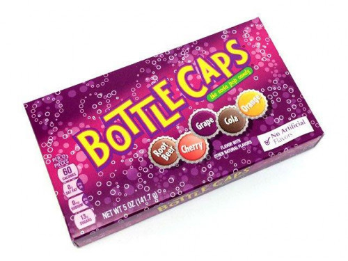 Bottle Caps are tart candies made to look like metal soda bottle caps. Each package has assorted soda flavors which are orange, cola, cherry, grape and root beer. Orders placed by midnight usually ship on the next business day. #candy