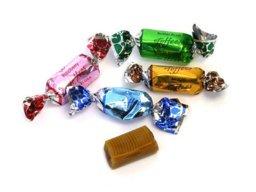 Soft and delicious toffee chews are so full of flavor. Each piece is wrapped individually for convenience and comes in an assortment red (raspberry), blue (vanilla), green (butter rum), bronze (maple), and brown/gold (chocolate). Bulk candy counts are app #candy