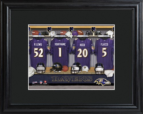 Framed Baltimore Ravens print includes choice of personalization on one of the pictured jerseys. Join the Baltimore Ravens with our Official Licensed NFL locker room photo. Framed and matted in black, this colorful photo features authentic Baltimore Raven #sports