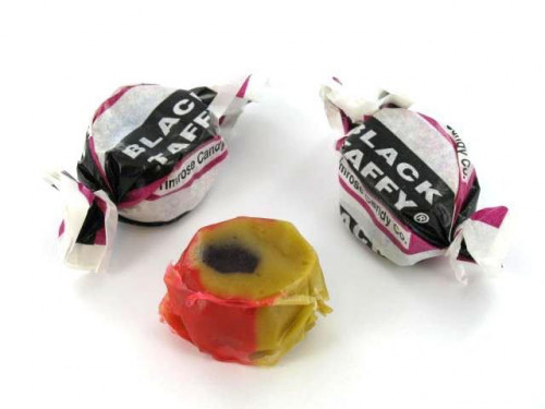 Today it is called Black Taffy but it was originally called Black Jack Taffy and sometimes Black Jacks. It is a salt-water sized taffy with a swirl of licorice in the center. Bulk candy counts are approximated. Orders placed by midnight usually ship next #candy