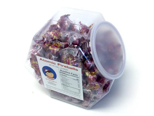 Atomic Fireballs... they don't call them "fireballs" for nothing! Basically a jawbreaker, these individually wrapped panned candies are about 3/4 inch in diameter. This plastic, reusable tub has about 175 wrapped pieces and measures over 7 inches high, 8 #candy