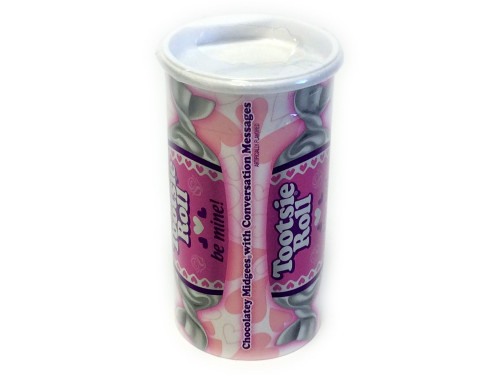 These Tootsie Roll Banks come with Tootsie Roll Midgees. The bank is reusable and measures 5 inches tall by 2 1/2 inches in diameter. The special Valentine Tootsie Rolls have conversation sayings; call me, be mine, love bug etc. Each one contains about 18 #candy