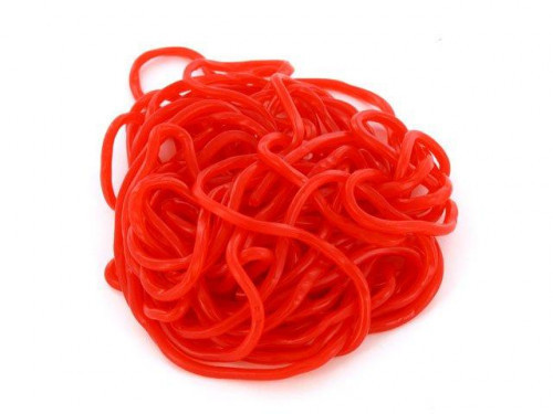 Strawberry Laces are strings of red licorice. They are roughly 36 inches long and are soft with a dull finish. Bulk candy counts are approximated. Orders placed by midnight usually ship next business day. #candy