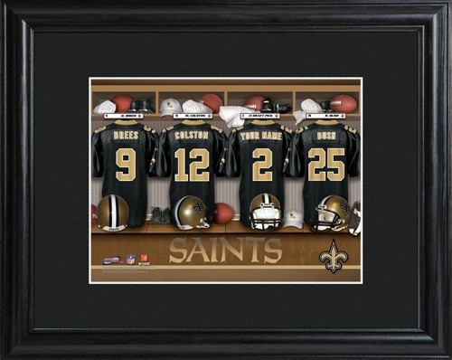 Framed New Orleans Saints print includes choice of personalization on one of the pictured jerseys. Join the New Orleans Saints with our Official Licensed NFL locker room photo. Framed and matted in black, this colorful photo features authentic New Orleans #sports