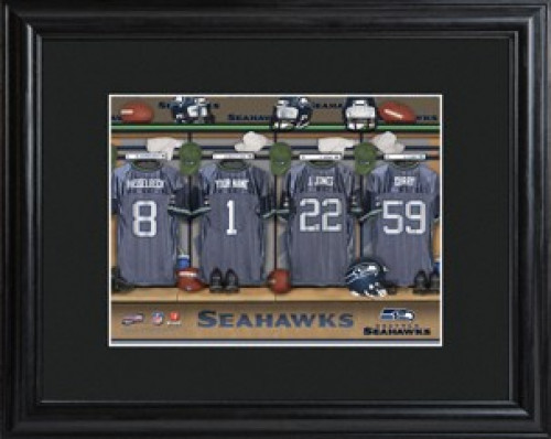 Framed Seattle Seahawks print includes choice of personalization on one of the pictured jerseys. Join the Seattle Seahawks with our Official Licensed NFL locker room photo. Framed and matted in black, this colorful photo features authentic Seattle Seahawk #sports