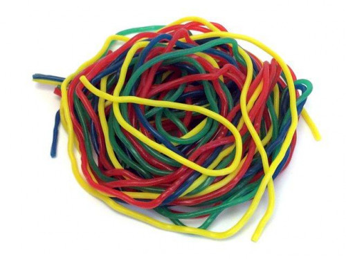 Rainbow Laces are strings of flavored licorice which are roughly 36 inches long and are soft with a dull finish. The flavors include Blue Raspberry, Green Apple, Strawberry, & Tutti Frutti. Bulk candy counts are approximated. Orders placed by midnight usu #candy