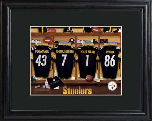 Framed Pittsburgh Steelers print includes choice of personalization on one of the pictured jerseys. Join the Pittsburgh Steelers with our Official Licensed NFL locker room photo. Framed and matted in black, this colorful photo features authentic Pittsburg #sports