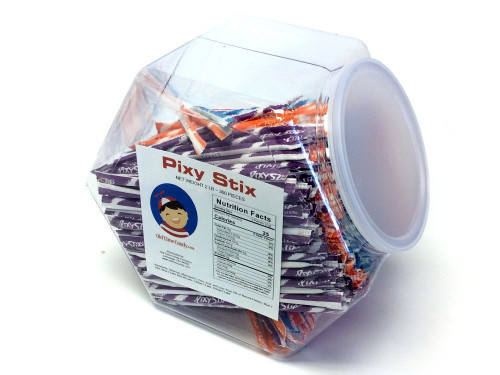 Pixy Stix are candy powder filled straws in 4 flavors which are blue raspberry, cherry, grape and orange. This plastic, reusable tub has about 360 wrapped pieces and measures over 7 inches high, 8 inches wide and 5 inches deep. The mouth is 4.5 inches in #candy