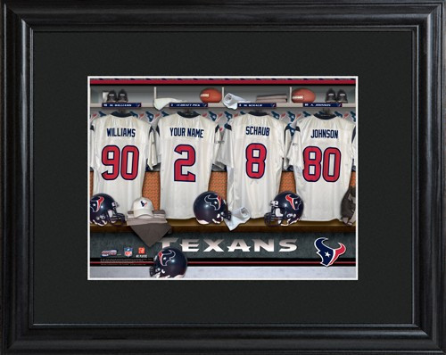 Framed Houston Texans print includes choice of personalization on one of the pictured jerseys. Join the Houston Texans with our Official Licensed NFL locker room photo. Framed and matted in black, this colorful photo features authentic Houston Texans jers #sports