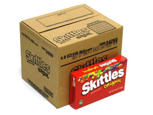 Skittles are small chewy candies in a theater-size box of original fruit flavors which are grape, lemon, green apple, orange and strawberry. Orders placed by midnight usually ship on the next business day. #candy