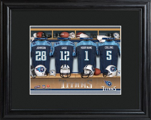 Framed Tennessee Titans print includes choice of personalization on one of the pictured jerseys. Join the Tennessee Titans with our Official Licensed NFL locker room photo. Framed and matted in black, this colorful photo features authentic Tennessee Titan #sports