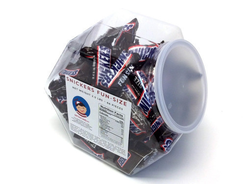 These are America's favorite candy bars in a Fun Size. They measure just under 2 inches long and are the perfect bite-size. This plastic, reusable tub measures over 7 inches high, 8 inches wide and 5 inches deep. The mouth is 4.5 inches in diameter. Bulk #candy