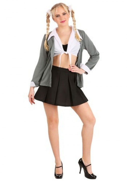 Get ready to take the stage in our Women's One More Time Pop Singer Costume. This combo features a grey sweater, white collared shirt , and a black pleated skirt. #singer
