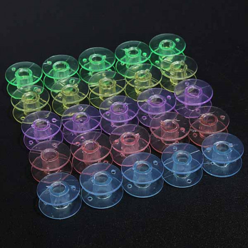 Description: 25pcs empty sewing machine plastic bobbins in storage box Suitable for Most Janomes, Singers, and some late model Brothers Features: Material: Plastic Color: Colorful Box Size(LXWXH): 11.8cm X 9.8cm X2.8 cm/4.6'X3.9'X1.1' Bobbin Size: 2cmX1cm #singer