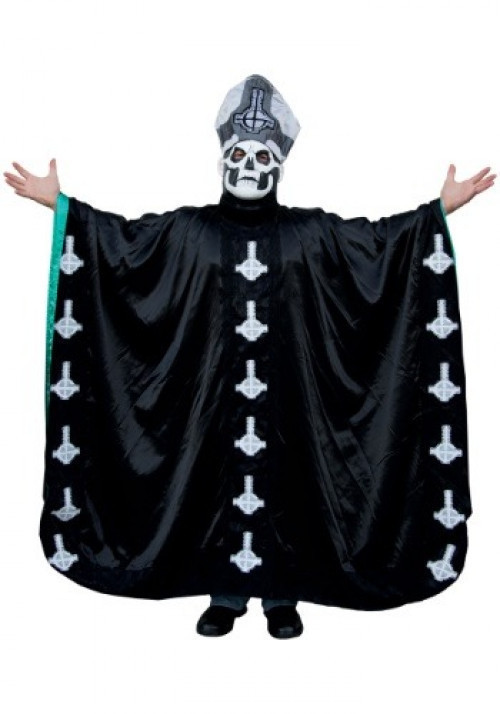 This is a Ghost Papa Costume from the Heavy Metal band Ghost BC that features a skeleton pope with papal hat and black robe. #singer