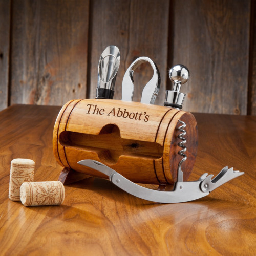 Holds 4 most necessary wine tools. This personalized wine barrel accessory kit makes the perfect gift for a wine connoisseur. This kit holds 4 most used wine accessories including a Stopper, Pourer, Cork Screw,and Bottle top Cutter, all made from stainles #wine