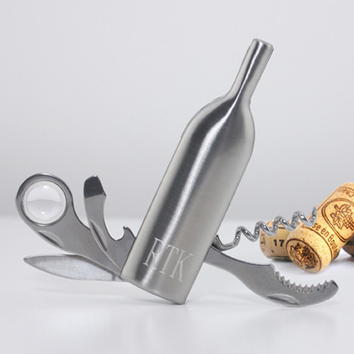 This Wine Bottle Multi-Tool is a gift that any wine lover will toast to! A clever little brushed stainless steel wine bottle conceals a corkscrew, cutter blade and caplifter to make opening that favorite vintage a snap! Small enough to fit inside of pocke #wine