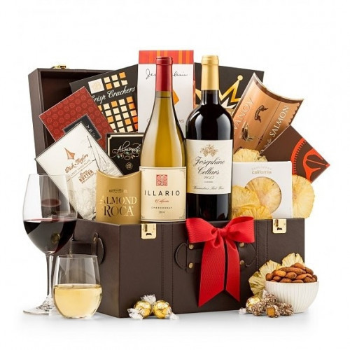 Make a great impression with this sophisticated chest of premium wine with decadent sweets and savory snacks. A perfect balance of food and wine, this upscale gift basket first impresses with the prestigious selection of two acclaimed red wines: Ilario Ch #wine