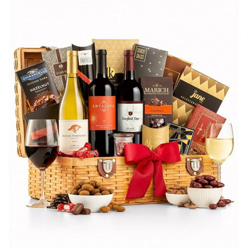 Red and White Wine Combined with Gourmet Sweets and Snacks. Set the tone with this stately countryside hamper featuring a bold red blend, lively chardonnay, and gourmet delicacies. A full-bodied red blend and a golden chardonnay are paired with gourmet sw #wine