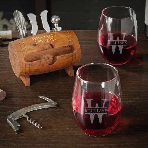 Youâ€™ll always be prepared for a romantic drink with your sweetheart or a relaxing time with a friend thanks to this personalized wine opener set! Included are two personalized stemless wine glasses and a cute wine barrel tool set that comes with an aera #wine