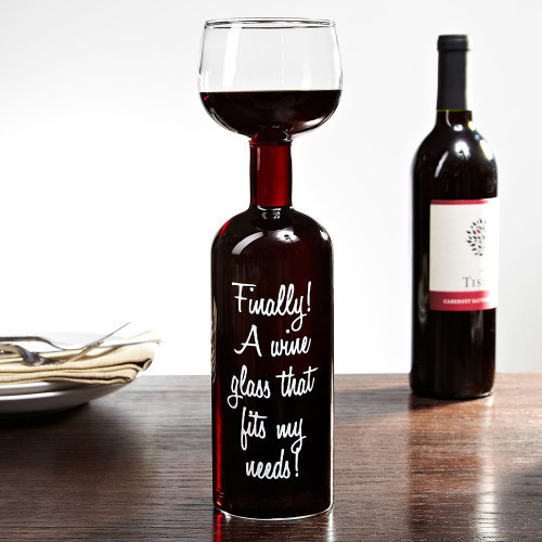 Stop going back for another glass and just take entire bottle with you! Perfect for the wine-loving guy or girl who just can't get enough, this giant wine glass holds a full-sized 750ml bottle of wine! The bottom of this large wine glass is shaped like a #wine