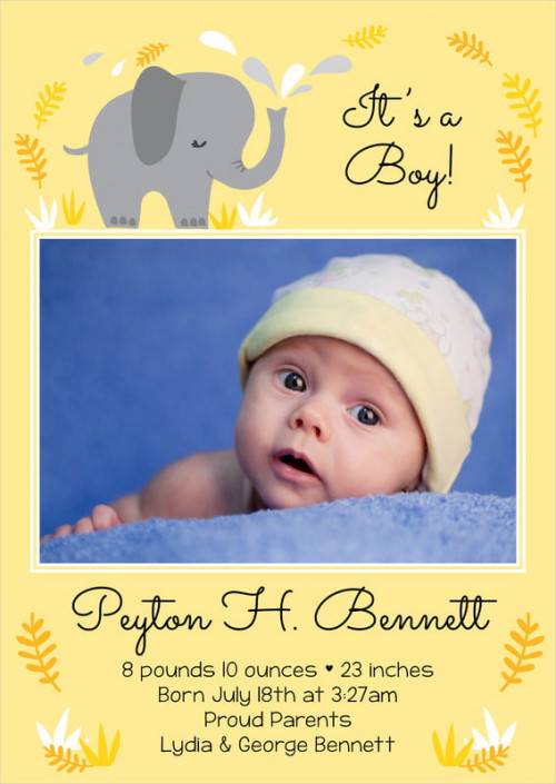 Set of 10. Custom Printed Baby Announcements, Baby Elephant Style, Lemon, Personalized With Your Words And Photo, / Baby Announcements - Lemon - Baby Elephant #baby