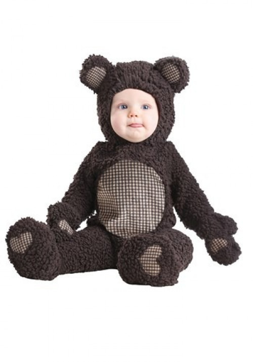 This cozy baby brown bear costume for infants features a furry hood and heart design on the feet. #baby